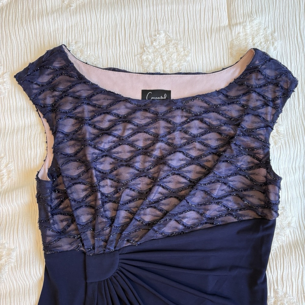 NWOT Navy Soutache Lace Dress Metallic Mesh Faux Wrap Cocktail MOTB Classic Sz10